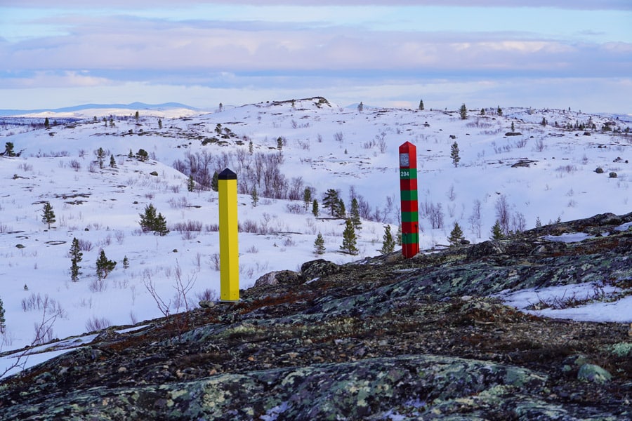 Border pillars of Norwegian and Russian border close to Kirkenes