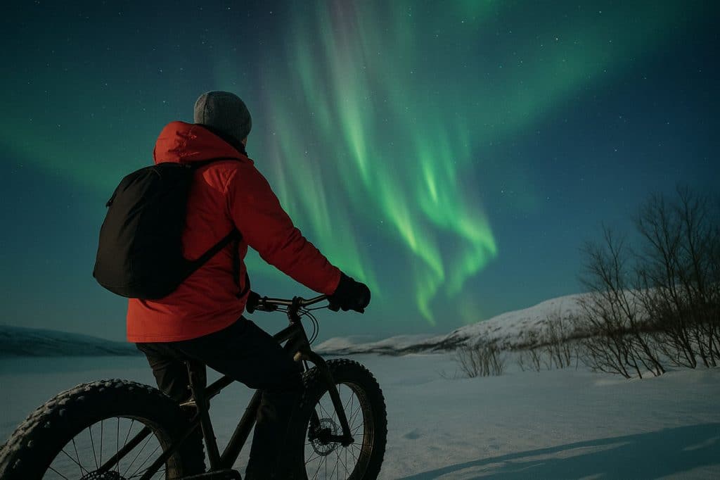 Mann starrt in den arktischen Himmel mit tanzenden Nordlichtern um Kirkenes