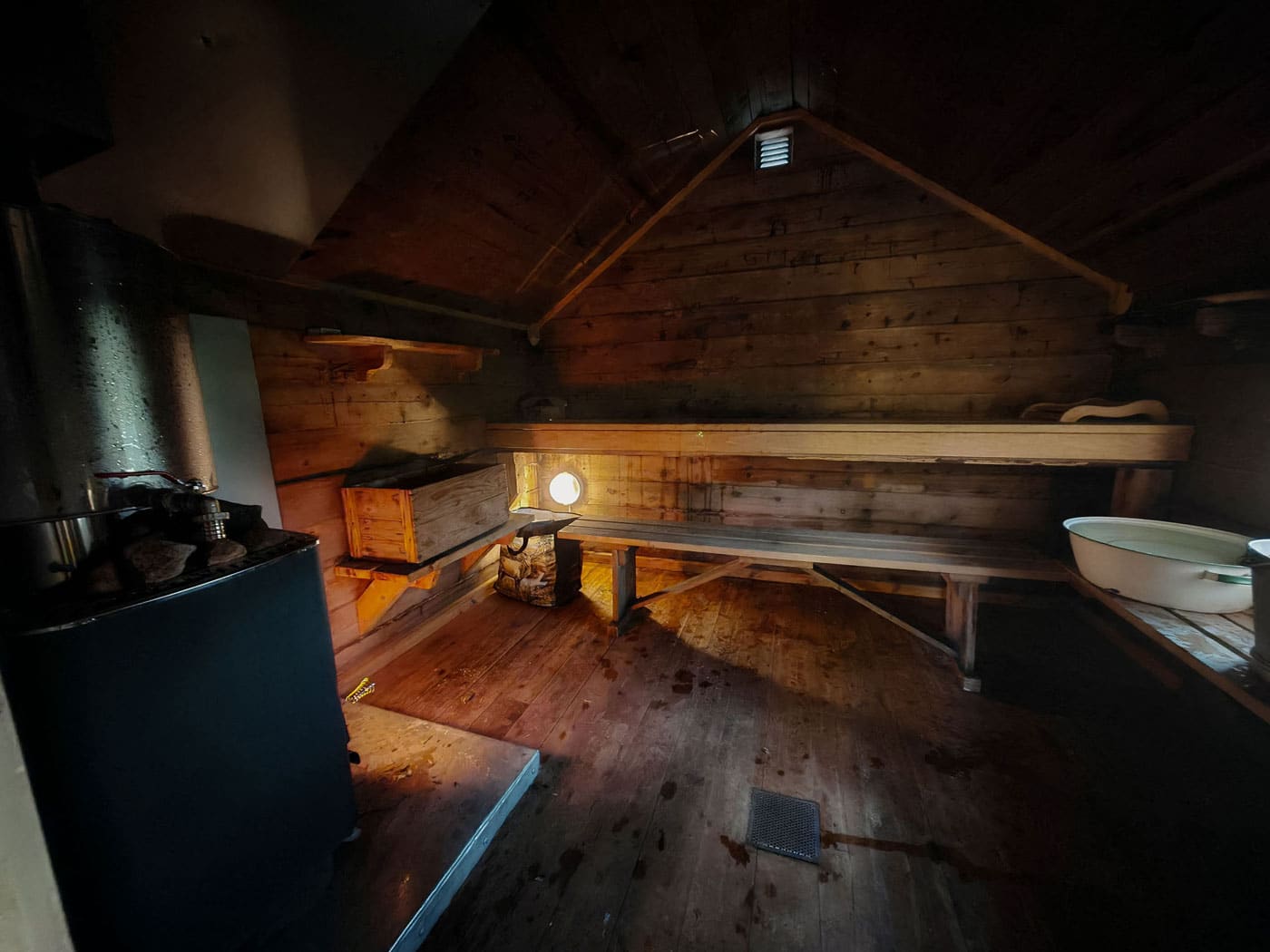 Inside a traditional Norwegian wood-stove sauna