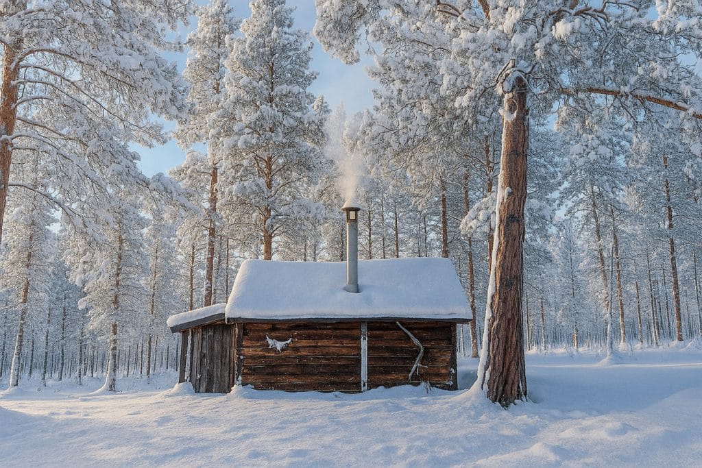 Holzbefeuerte Sauna in einem schneebedeckten Wald in Nordnorwegen