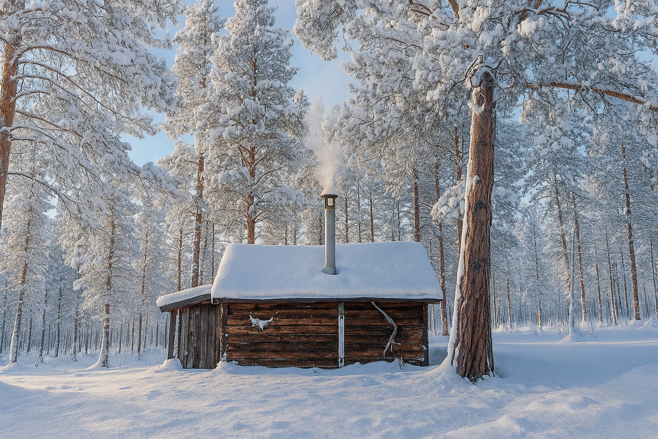 wood-fired sauna in snow covered forest in Northern Norway