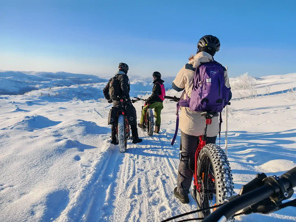 Guests riding electric fatbikes across a snowy Arctic landscape near Kirkenes, stopping to enjoy wide winter views under a clear blue sky.
