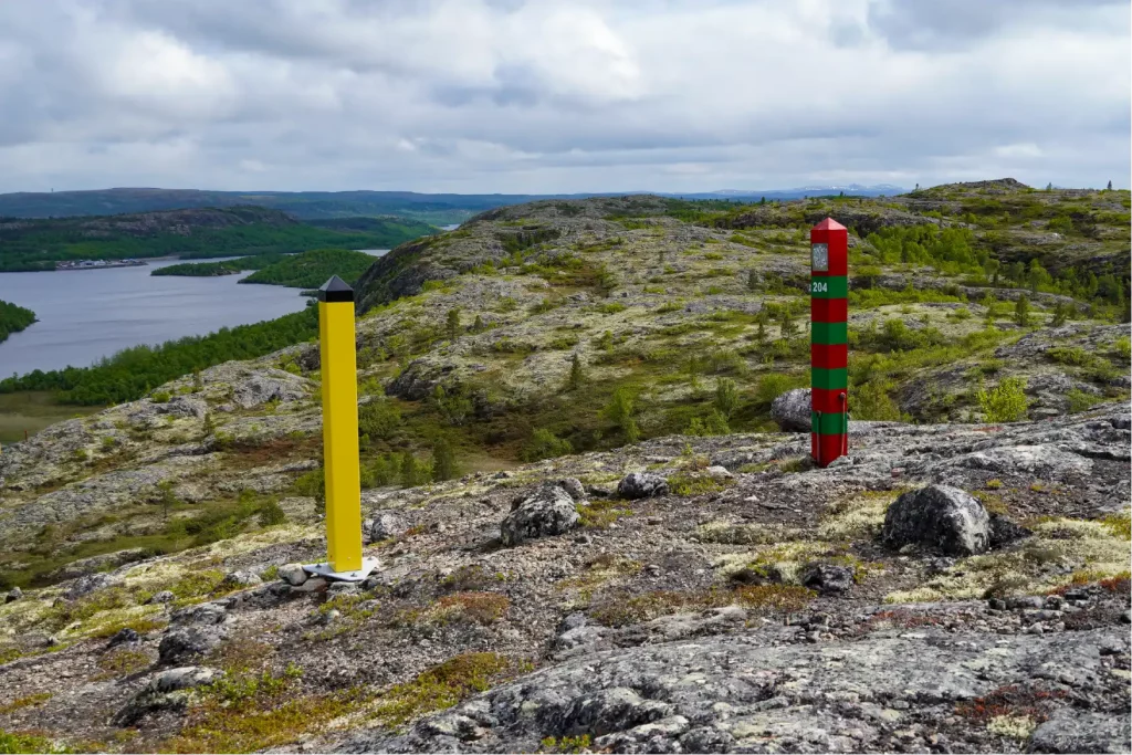 View on border markers of Norwegian Russian border near Kirkenes in Northern Norway
