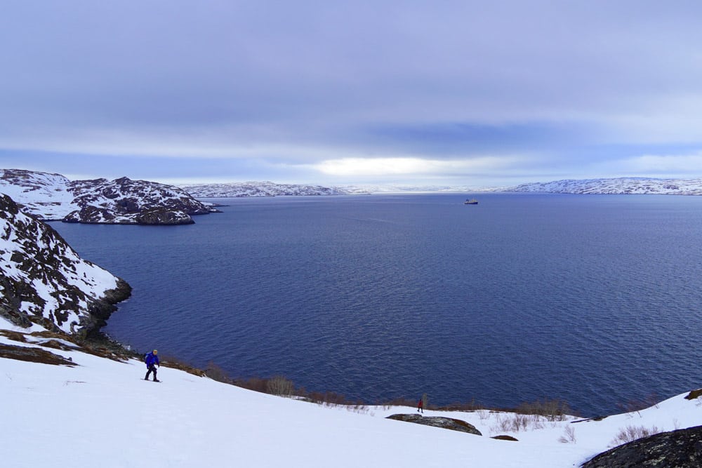 Snowshoe hikers at Bøkfjord, Kirkenes