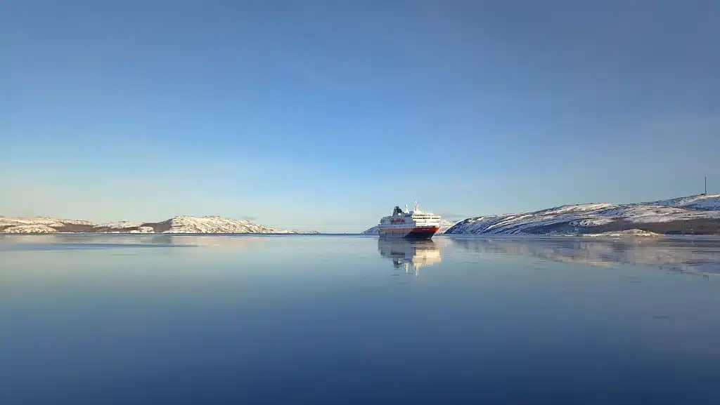 Hurtigruten coastal ship coming to the habor in Kirkenes in Northern Norway