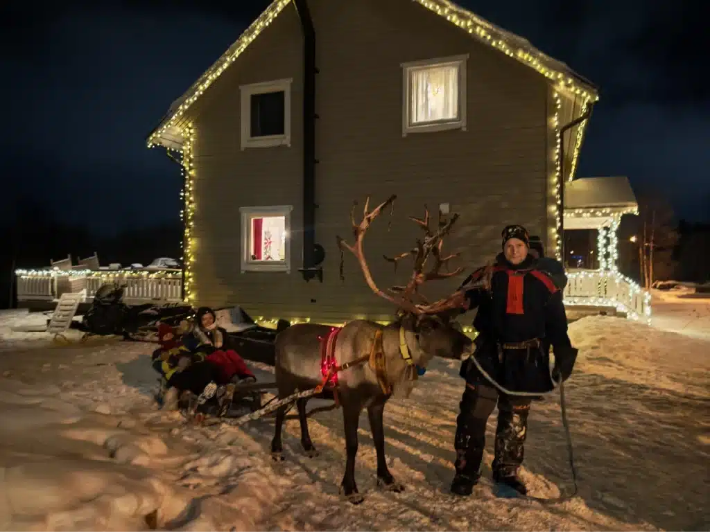 Reindeer standing in front of a family house during a winter reindeer experience in Arctic Norway