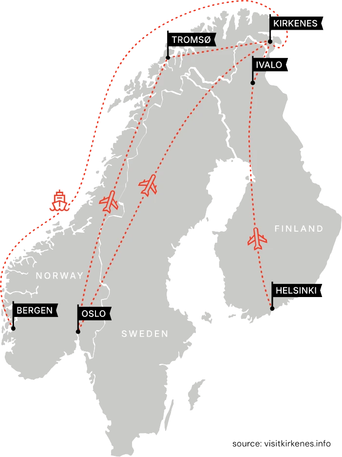 Hier ist die Wegbeschreibung nach Kirkenes in Nordnorwegen: