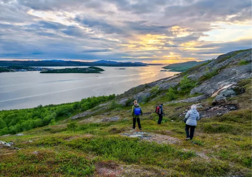 Guests hiking across the hills above Kirkenes during the midnight sun, overlooking Bøkfjorden, the town of Kirkenes, and the surrounding Arctic landscape under a colorful summer sky.