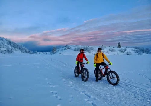 Mountain biking through the snow with electric fatbikes near Kirkenes in Northern Norway