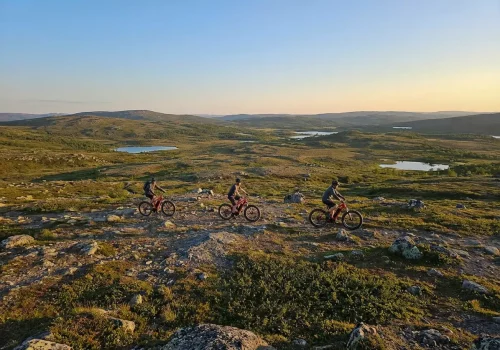 Three cyclists riding electric fat bikes across a rocky Arctic plateau near Kirkenes, surrounded by rolling hills and small lakes under the warm evening light.